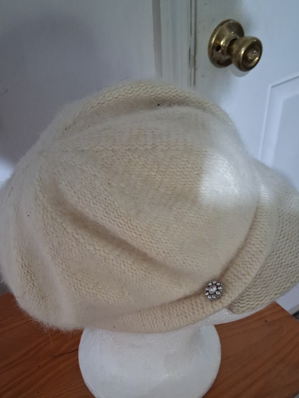 Cream Angora Blend Beret/ Cap with Decorative Brooch